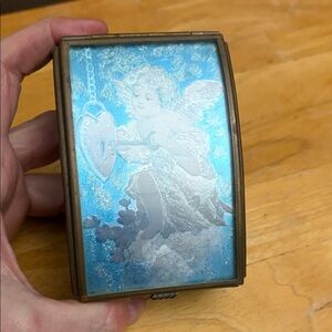 Vintage Cherub Trinket Box with Blue stained glass and Brass Accents